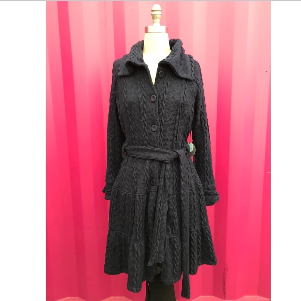 Eva Franco for Anthropologie Cable Knit Navy Sweater Coat Belted